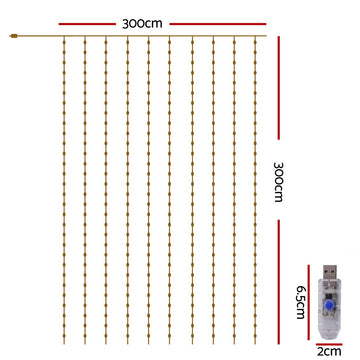 Jingle Jollys 3X3M Christmas Lights Curtain String Light 300 LED Warm White - 0