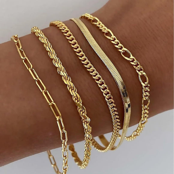 A golden five - piece set Chic Multi - Layered Alloy Bracelet Set - Fashionable Stackable Jewelry - RnR Galore