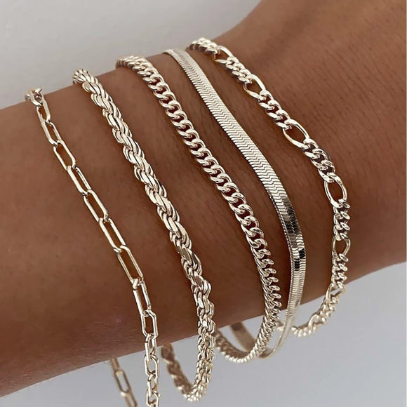 A Silver five - piece set Chic Multi - Layered Alloy Bracelet Set - Fashionable Stackable Jewelry - RnR Galore