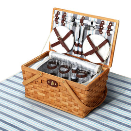 Alfresco 4 Person Picnic Basket Set Wooden Blanket Bag Insulated - RnR Galore