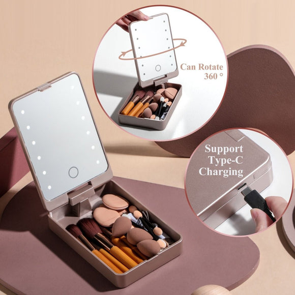 All - in - One Portable Makeup Brush Kit with LED Mirror Travel Case, Sponges & Applicators(pink) - RnR Galore