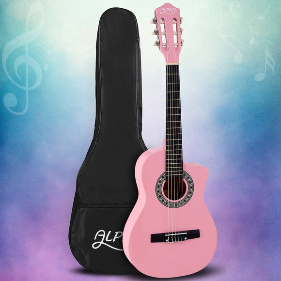 Alpha 34 Inch Classical Guitar Wooden Body Nylon String Beginner Kids Gift Pink - RnR Galore