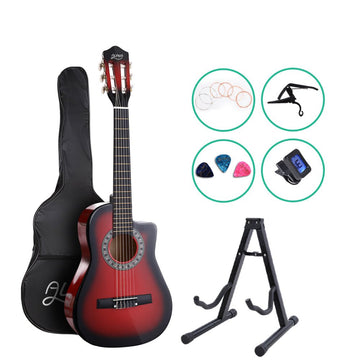 Alpha 34 Inch Classical Guitar Wooden Body Nylon String w/ Stand Beignner Red - RnR Galore