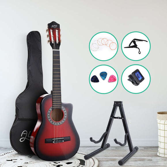 Alpha 34 Inch Classical Guitar Wooden Body Nylon String w/ Stand Beignner Red - RnR Galore