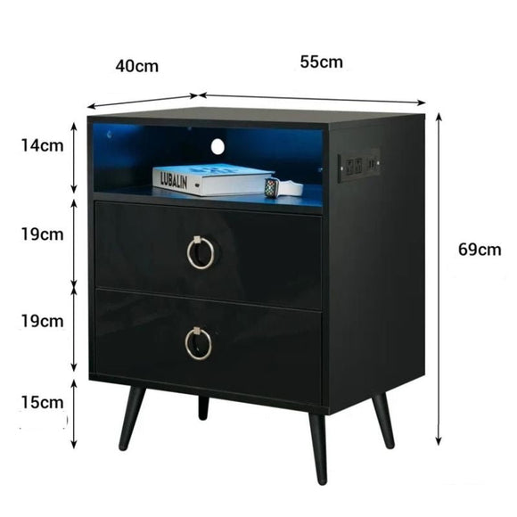 Amelia Modern LED Bedside table with USB and power socket black x 2 - RnR Galore