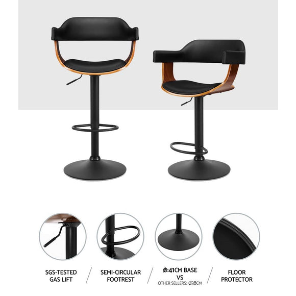 Artiss 2x Bar Stools Gas Lift Leather w/Armrest All Black - RnR Galore