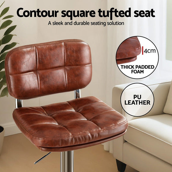 Artiss 2x Bar Stools Kitchen Swivel Gas Lift Counter Chair Tuft PU Leather Brown - RnR Galore
