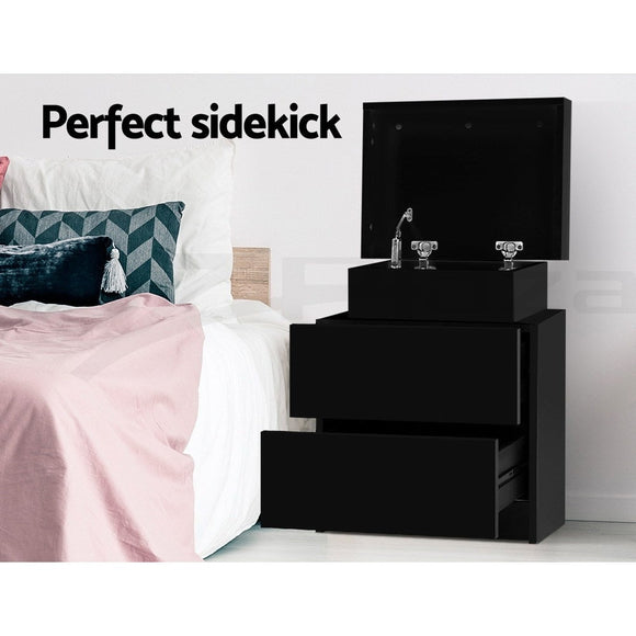 Artiss 2X Bedside Table 2 Drawers Lift - up Storage Black - RnR Galore