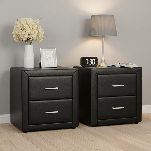 Artiss 2X Bedside Table 2 Drawers Side Table Leather - CADEN Black - RnR Galore