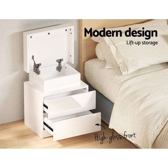 Artiss 2X Bedside Table LED 2 Drawers Lift - up Storage - COLEY White - RnR Galore