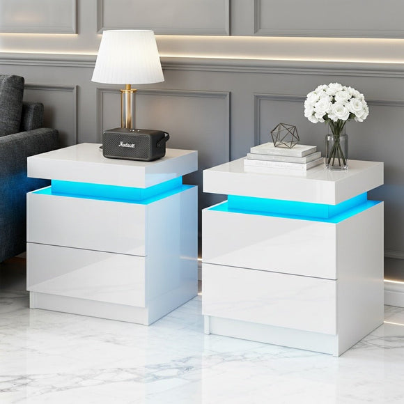 Artiss 2X Bedside Table LED 2 Drawers Lift - up Storage - COLEY White - RnR Galore
