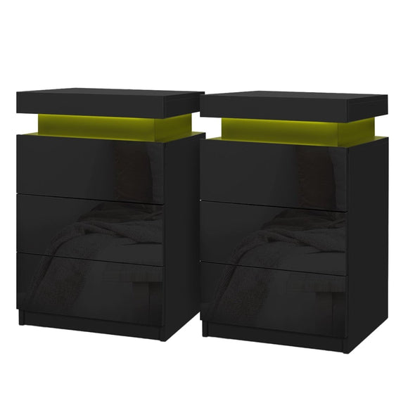 Artiss 2X Bedside Table LED 3 Drawers - COLEY Black - RnR Galore