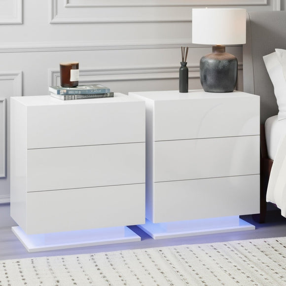 Artiss 2x Bedside Table LED 3 Drawers - MORI White - RnR Galore