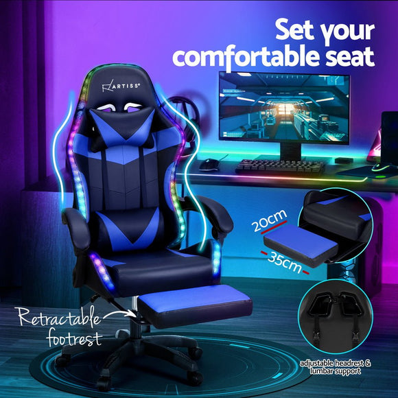 Artiss 6 Point Massage Gaming Office Chair 7 LED Footrest Blue - RnR Galore