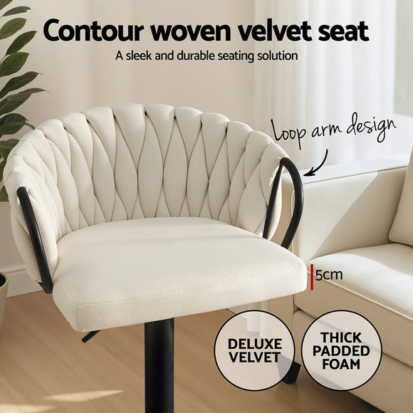 Artiss Bar Stool x4 Kitchen Dining Chair Counter Gaslift Woven Velvet Ivory - RnR Galore