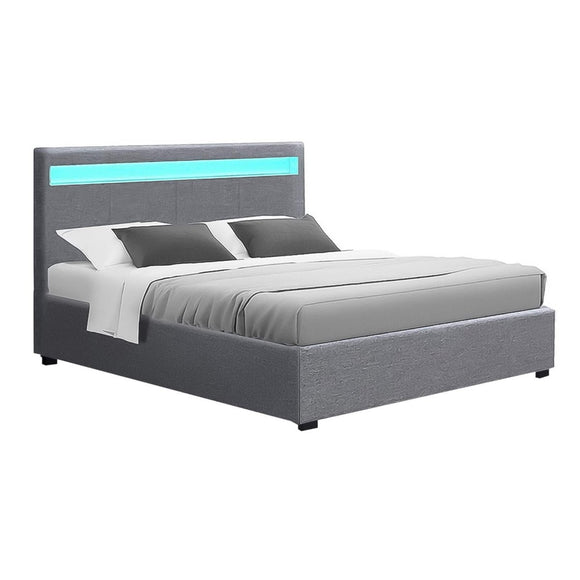 Artiss Bed Frame Double Size LED Gas Lift Grey COLE - RnR Galore