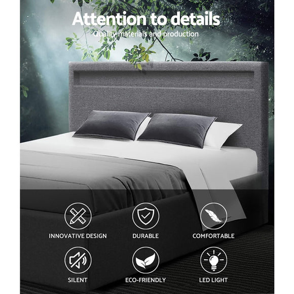 Artiss Bed Frame Double Size LED Gas Lift Grey COLE - RnR Galore