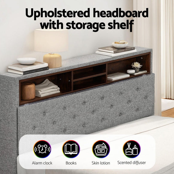 Artiss Bed Frame Double Size LED Mattress Base Platform with Storage Shelf Hidden Storage Box Grey - RnR Galore