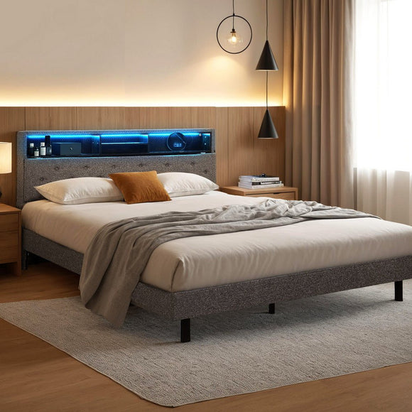 Artiss Bed Frame Double Size LED Mattress Base Platform with Storage Shelf Hidden Storage Box Grey - RnR Galore