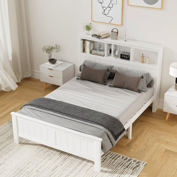 Artiss Bed Frame Double Size Wooden with 3 Shelves Bed Head White - RnR Galore