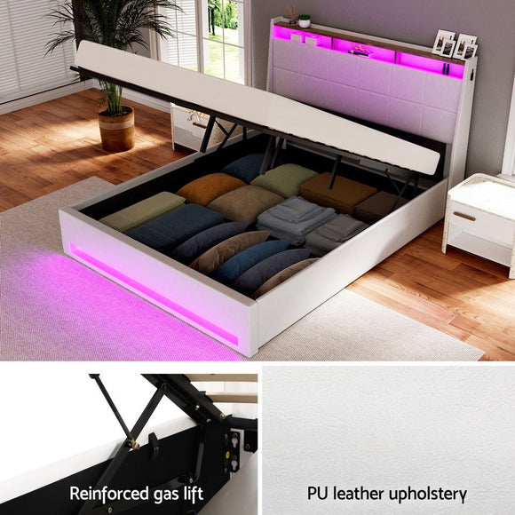 Artiss Bed Frame Gas Lift LED Beds Base Platform White PVC Leather Storage Headboard - Queen - RnR Galore