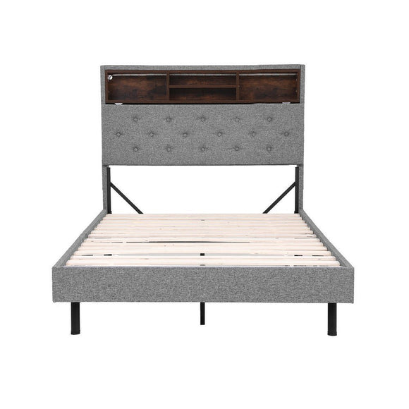 Artiss Bed Frame King Single Size LED Mattress Base Platform with Storage Shelf Hidden Storage Box Grey - RnR Galore