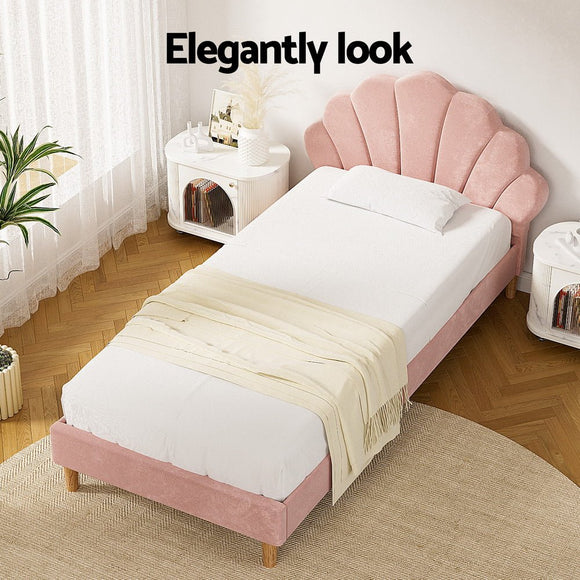 Artiss Bed Frame King Single Size Scallop - Shape Bedhead Beds Base Pink Velvet Fabric - RnR Galore