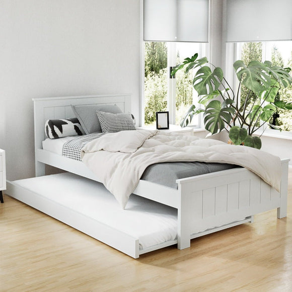 Artiss Bed Frame King Single Size Wooden Trundle Daybed White ELVIS - RnR Galore