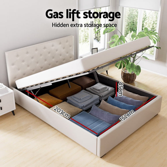 Artiss Bed Frame Queen Size Gas Lift Beige VILA - RnR Galore