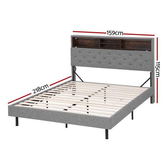 Artiss Bed Frame Queen Size LED Mattress Base Platform with Storage Shelf Hidden Storage Box Grey - RnR Galore