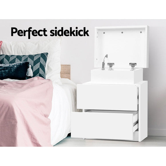 Artiss Bedside Table 2 Drawers Lift - up Storage - COLEY White - RnR Galore