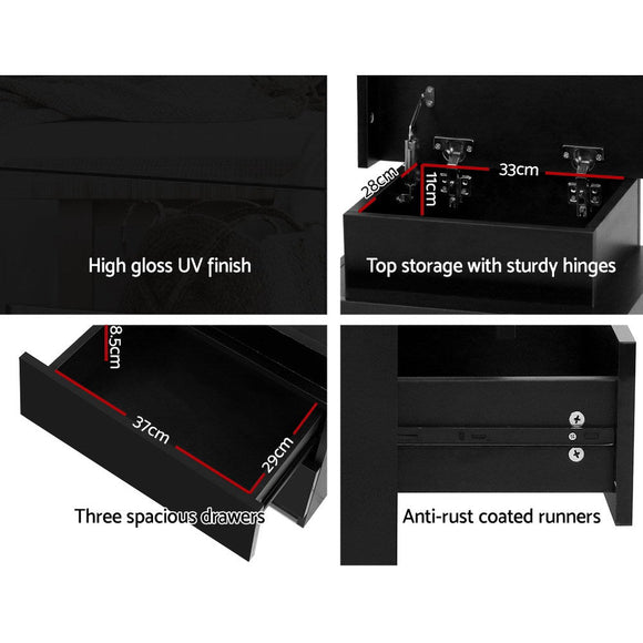 Artiss Bedside Table LED 3 Drawers - COLEY Black - RnR Galore