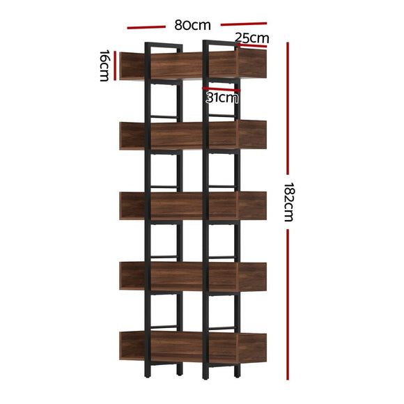 Artiss Bookshelf 5 - Tier Bookcase Display Shelves Metal Storage Stand Rack Walnut - RnR Galore