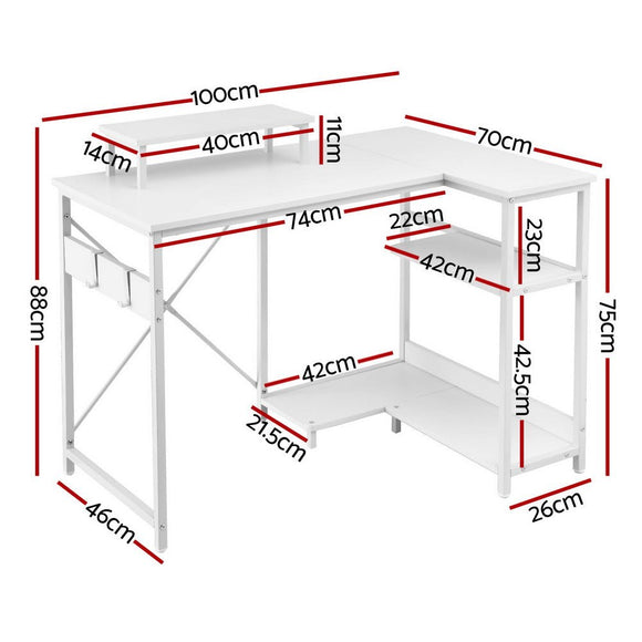 Artiss Computer Desk L - Shape Home Office Study Table Open Shelves White 100CM - RnR Galore