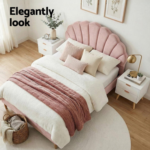 Artiss Double Bed Frame Scallop Headboard Pink Velvet with 2 Drawer Bedside Table - RnR Galore