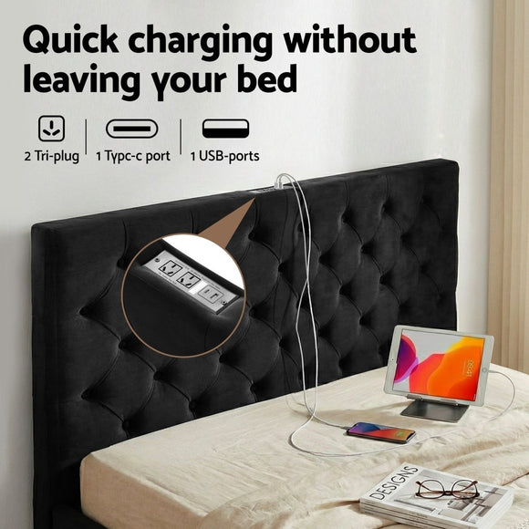 Artiss Double Bed Frame Storage Charging Station Upholstered 3 Drawers USB Type - C - RnR Galore