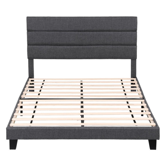 Artiss Double Bed Frame Upholstered Platform Base with Geometric Headboard Charcoal Grey Linen Wood Slats for Modern Bedroom Furniture Home Decor - RnR Galore