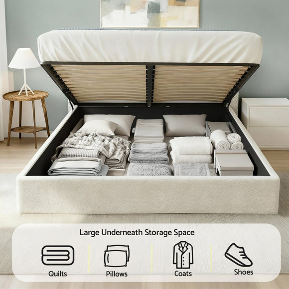 Artiss Double Bed Frame with Gaslift Storage Wooden Platform Mattress Base Boucle Upholstered White - RnR Galore