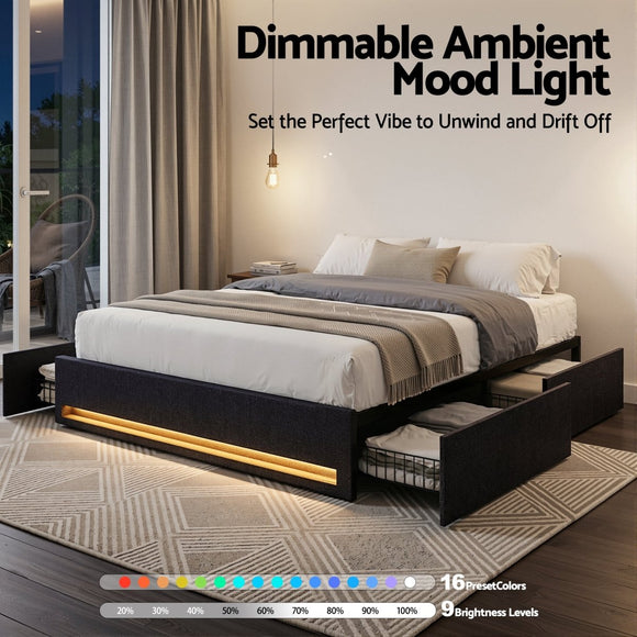 Artiss Double Bed Frame with Storage Drawers RGB Lights Charging Station Upholstered Fabric - RnR Galore