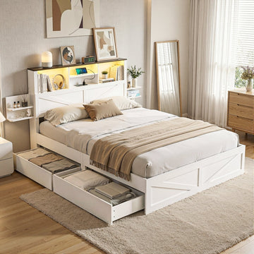 Artiss Double Bed Frame with Storage Drawers White Platform Bedframe with Bookcase Headboard Charging Station Led Light - RnR Galore