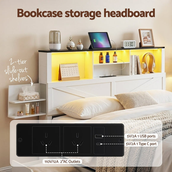 Artiss Double Bed Frame with Storage Drawers White Platform Bedframe with Bookcase Headboard Charging Station Led Light - RnR Galore