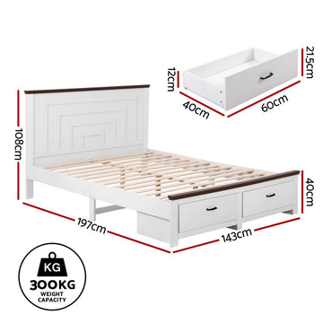 Artiss Double Wooden Bed Frame with 2 Drawer Platform Bed with 108cm Solid High Headboard White Bed Base for Bedroom Easy Assembly - RnR Galore