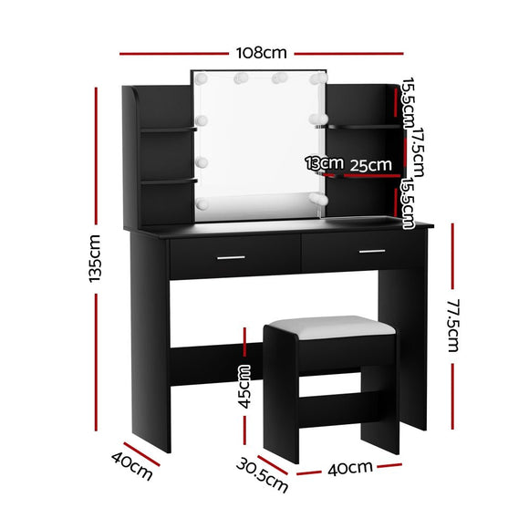 Artiss Dressing Table Set Stool 10 Led Bulbs Black Dulcea - RnR Galore