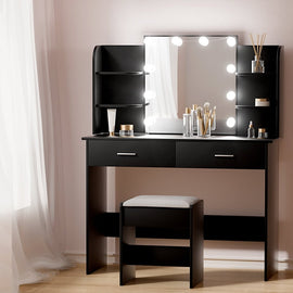 Artiss Dressing Table Set Stool 10 Led Bulbs Black Dulcea - RnR Galore
