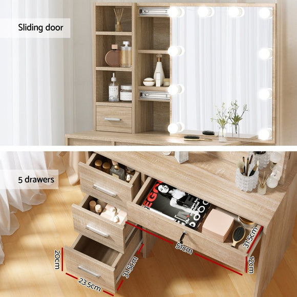 Artiss Dressing Table Set Stool 10 Led Bulbs Wood - RnR Galore