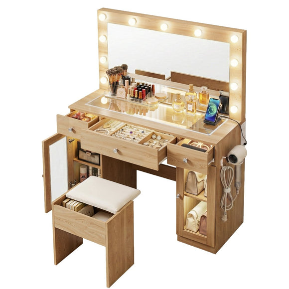 Artiss Dressing Table Vanity Desk Set LED Bulbs RGB Light Wood - RnR Galore