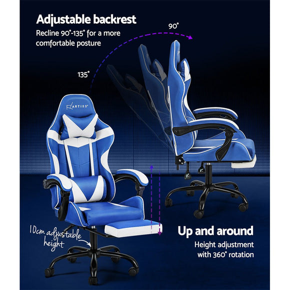Artiss Gaming Office Chair Executive Computer Leather Chairs Footrest Blue White - RnR Galore