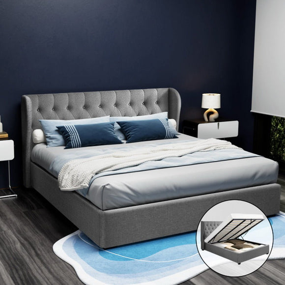 Artiss Issa Bed Frame Fabric Gas Lift Storage - Grey King - RnR Galore