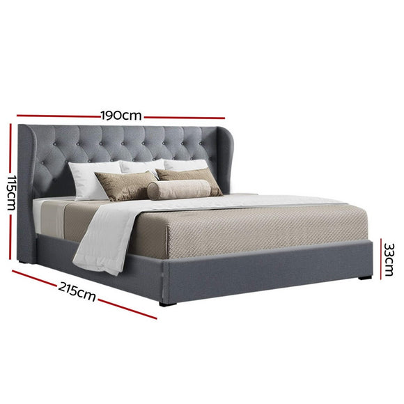 Artiss Issa Bed Frame Fabric Gas Lift Storage - Grey King - RnR Galore