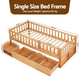 Artiss Kids Single Bed Frame with 3 Storage Drawer Montessori Bed for Toddler Natural - RnR Galore